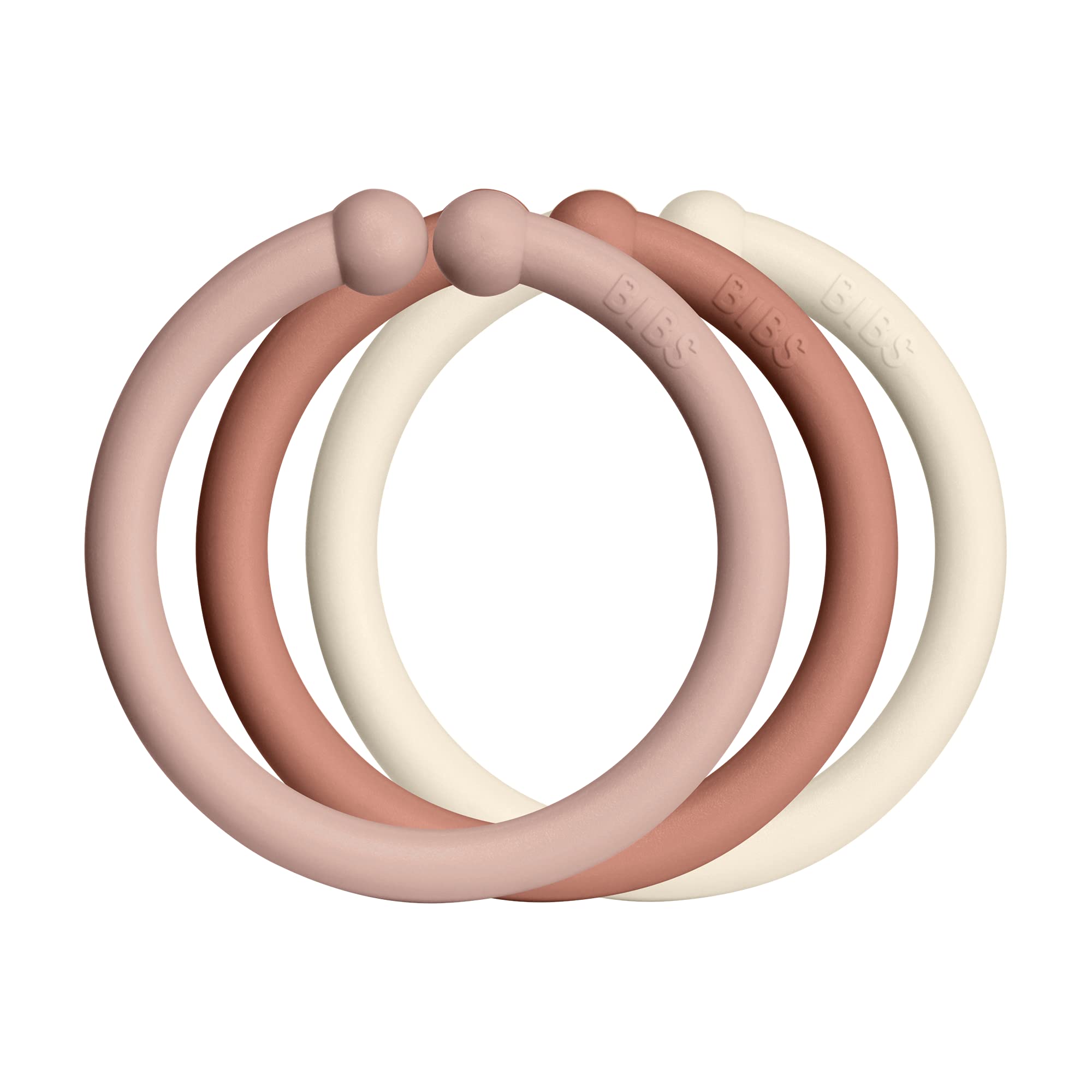 BIBS Loops verpakking van 12 stuks, BPA-vrij, Voedselveilig. Polypropyleen, Blush/Woodchuck/Ivory