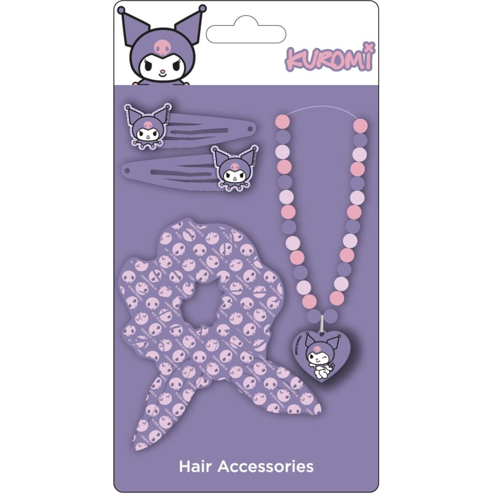 Hello Kitty Kuromi Beauty Accessory Set | Tweezers, Scrunchie and Necklace Kit for Kids | Accessories in Purple Shades with Sanrio Alternative Design