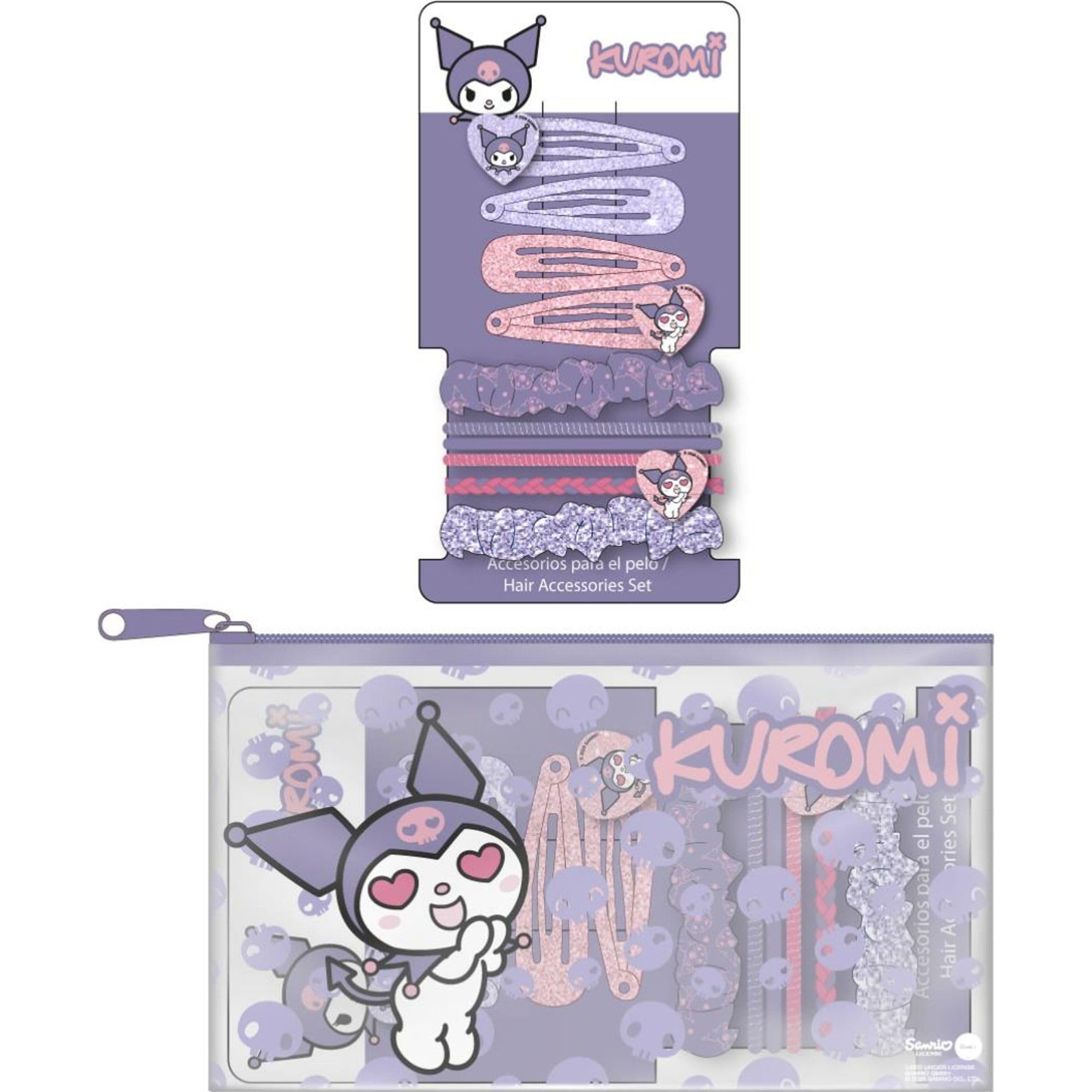 Kuromi Beauty Accessoireset voor kinderen, met etui, pincet, kousenbanden en scrunchies, kapselaccessoires in Kuromi-design