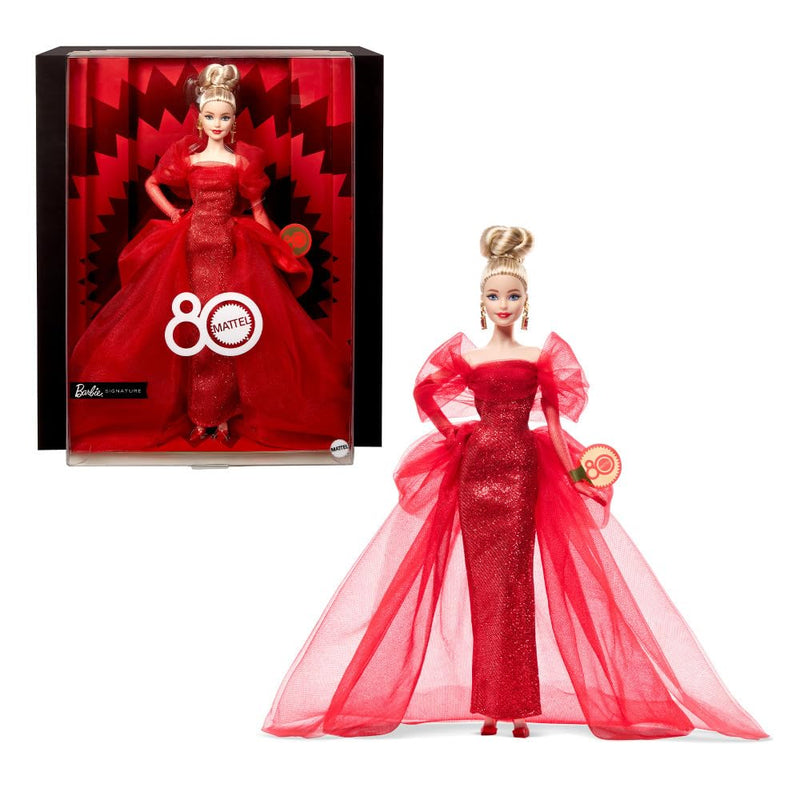 Barbie Signature Puppe, Sammelfigur zum 80. Jubiläum von Mattel in glitzerndem rotem Tüllkleid mit tropfenförmigen Ohrringen und hauchzarten Handschuhen, Blondes Haar, JBJ17