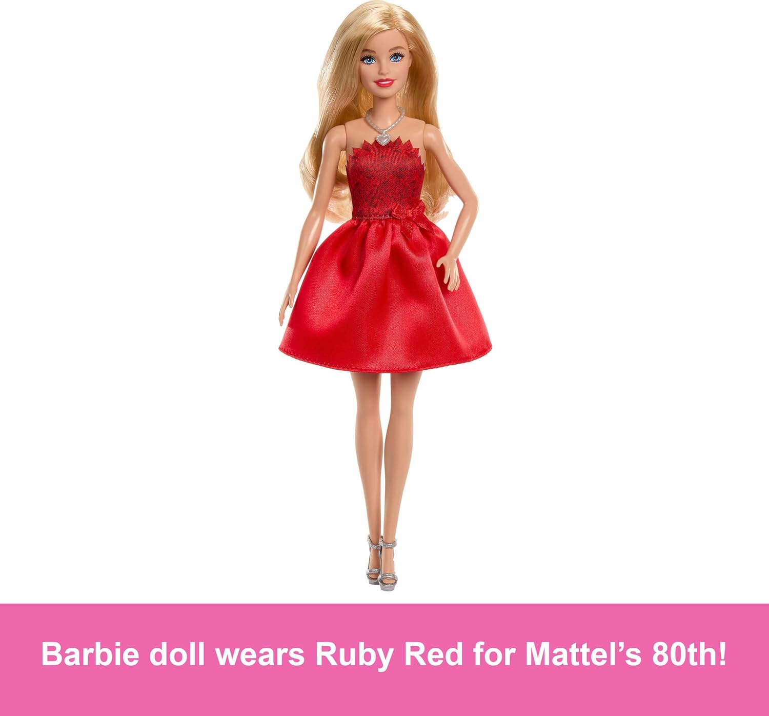 Rubinrote Blonde Barbie-Party-Modepuppe zum 80. Jubiläum von Mattel in einem roten Kleid mit silbernen Schuhen und Halskette, Sammelspielzeug, JGD25