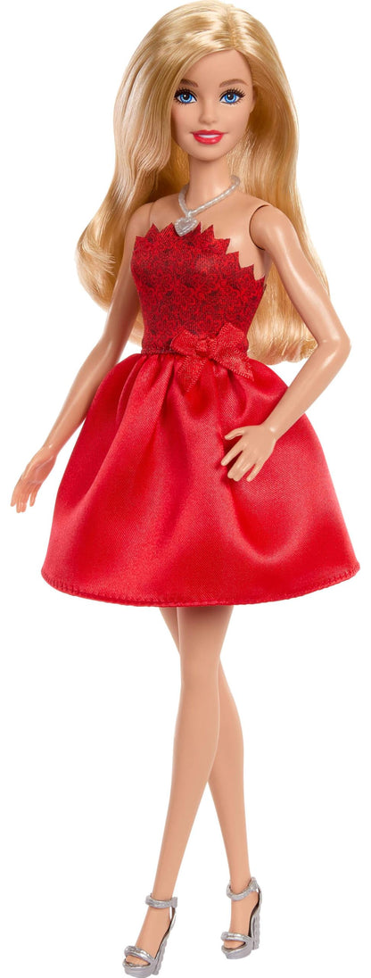 Rubinrote Blonde Barbie-Party-Modepuppe zum 80. Jubiläum von Mattel in einem roten Kleid mit silbernen Schuhen und Halskette, Sammelspielzeug, JGD25