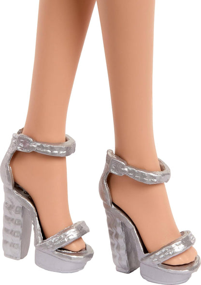 Rubinrote Blonde Barbie-Party-Modepuppe zum 80. Jubiläum von Mattel in einem roten Kleid mit silbernen Schuhen und Halskette, Sammelspielzeug, JGD25