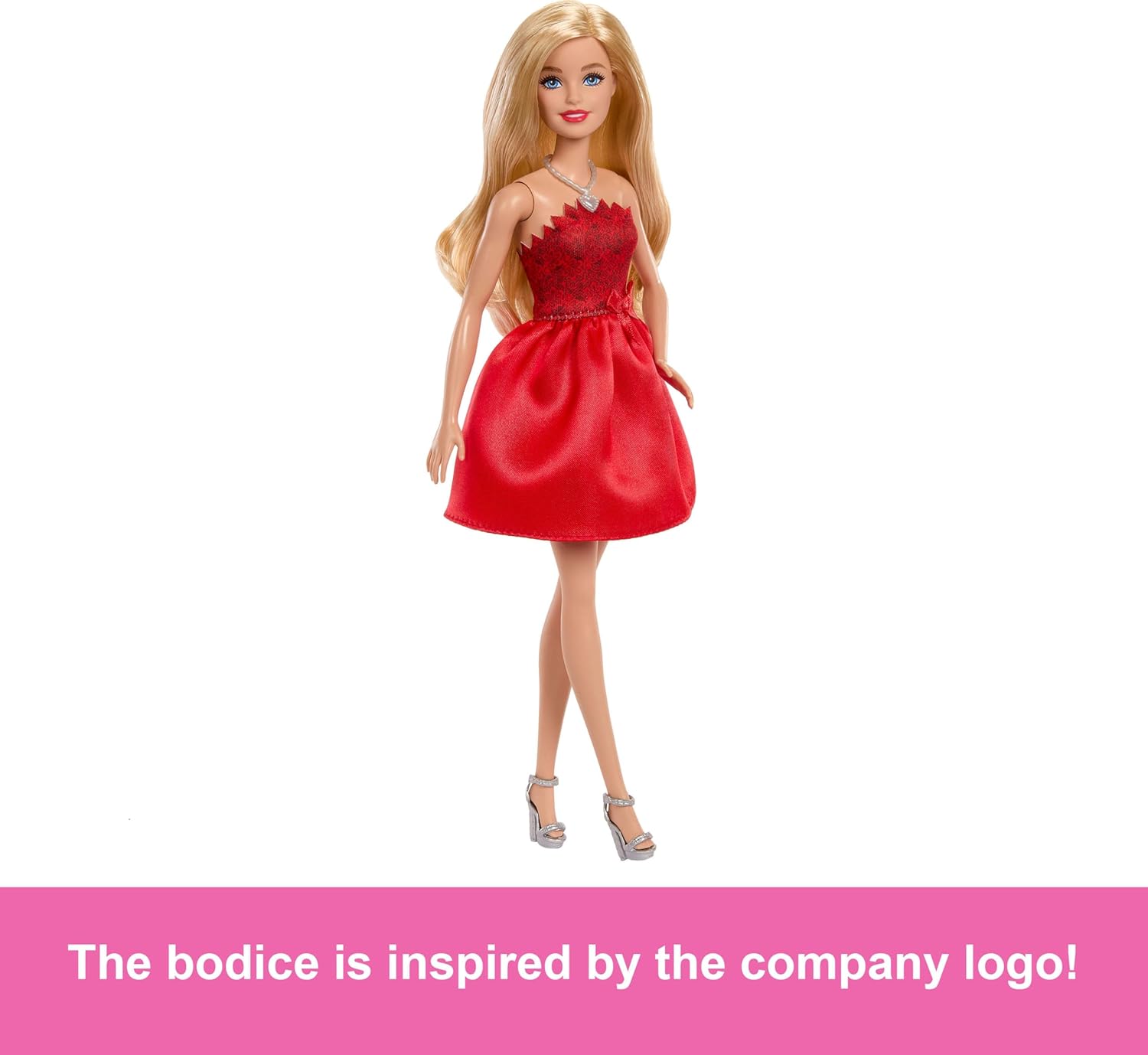 Rubinrote Blonde Barbie-Party-Modepuppe zum 80. Jubiläum von Mattel in einem roten Kleid mit silbernen Schuhen und Halskette, Sammelspielzeug, JGD25