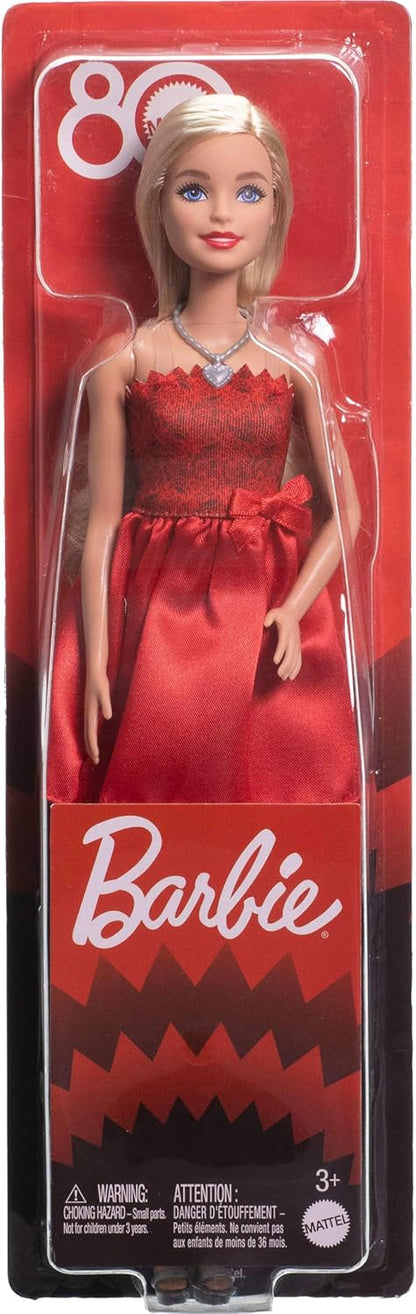 Rubinrote Blonde Barbie-Party-Modepuppe zum 80. Jubiläum von Mattel in einem roten Kleid mit silbernen Schuhen und Halskette, Sammelspielzeug, JGD25