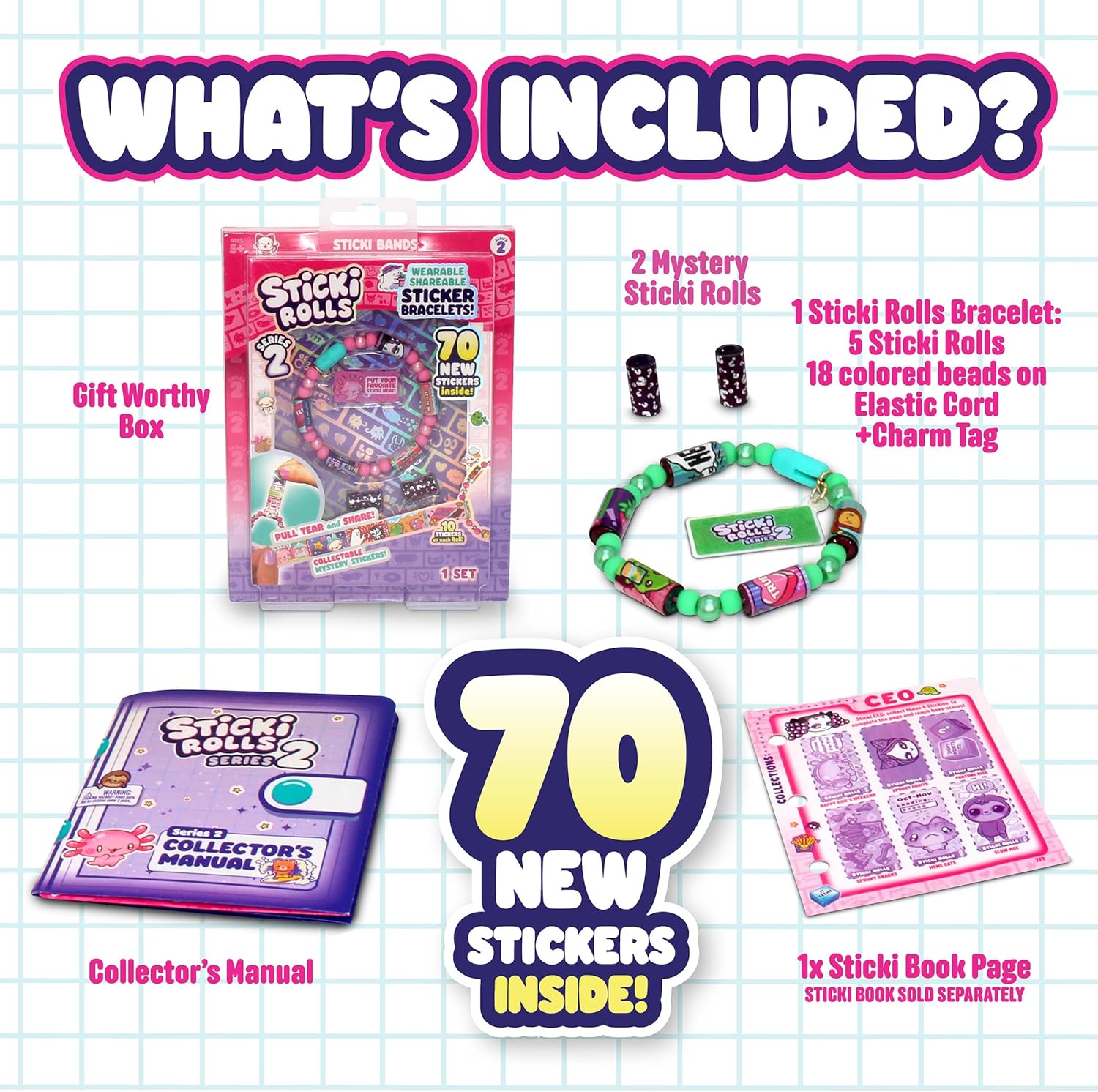 Sky Castle Sticki Rolls Sticki Bands Series 2, Wearable & Shareable Sticker Bracelet, 70 Mini Stickers, Assorted colours and styles