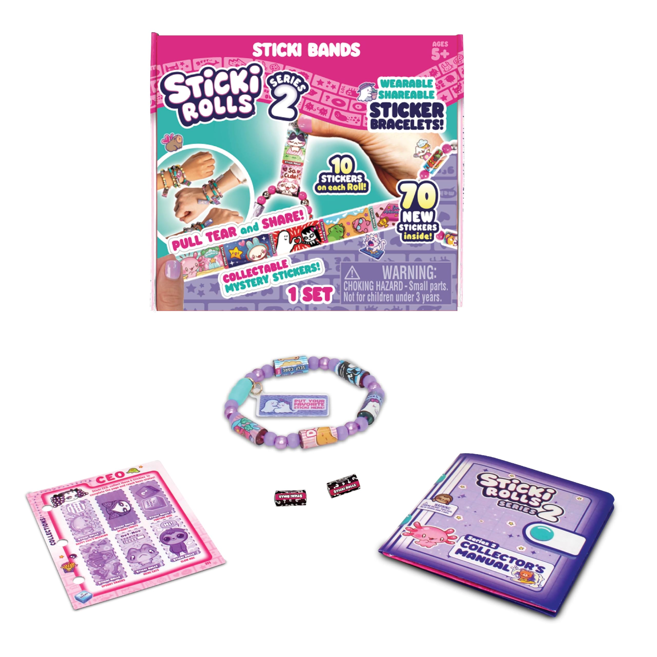 Sky Castle Sticki Rolls Sticki Bands Series 2, Wearable & Shareable Sticker Bracelet, 70 Mini Stickers, Assorted Colours and Styles
