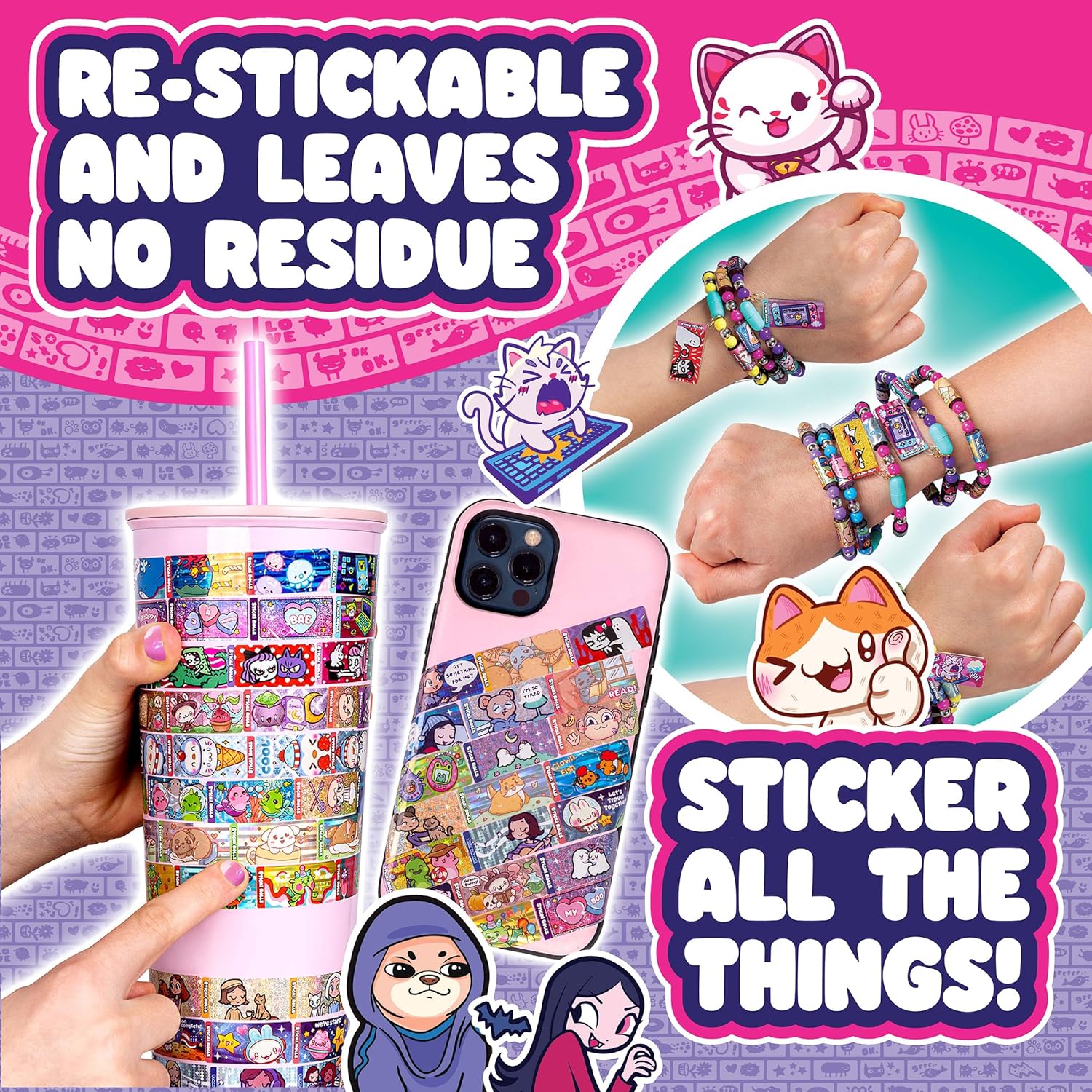 Sky Castle Sticki Rolls Sticki Pendant, Wearable & Shareable Sticker Bracelet, 120 Mini Stickers, Assorted colours and styles
