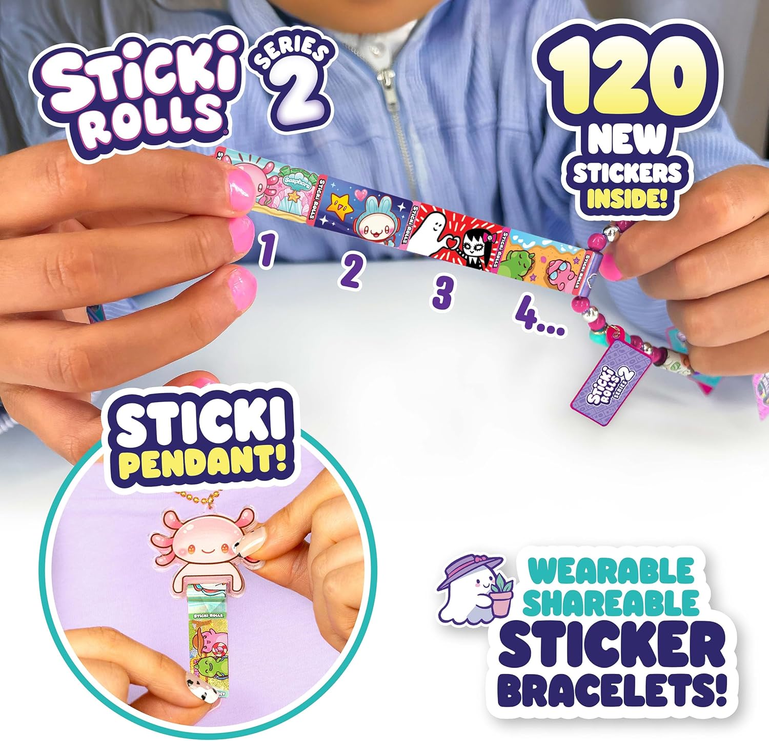 Sky Castle Sticki Rolls Sticki Pendant, Wearable & Shareable Sticker Bracelet, 120 Mini Stickers, Assorted colours and styles