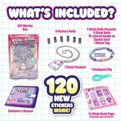 Sky Castle Sticki Rolls Sticki Pendant, Wearable & Shareable Sticker Bracelet, 120 Mini Stickers, Assorted colours and styles