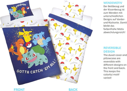 Kinder Bettwäsche Wendebettwäsche Kinderbettwäsche Öko-Tex Bettbezug 140x200 und Kissenbezug 70x90 Pokemon mit Pikachu, Glumanda, Schwertkäfer und Bulbizarr