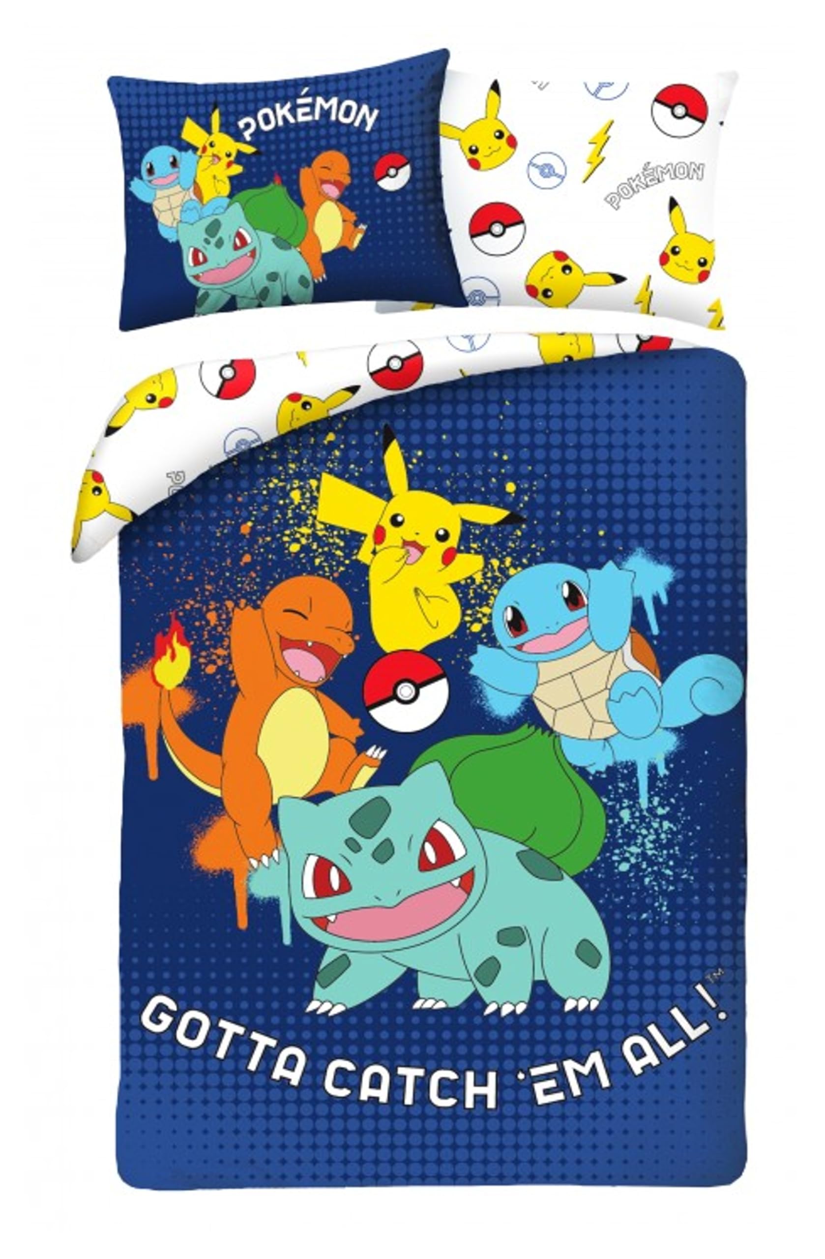 Kinder Bettwäsche Wendebettwäsche Kinderbettwäsche Öko-Tex Bettbezug 140x200 und Kissenbezug 70x90 Pokemon mit Pikachu, Glumanda, Schwertkäfer und Bulbizarr