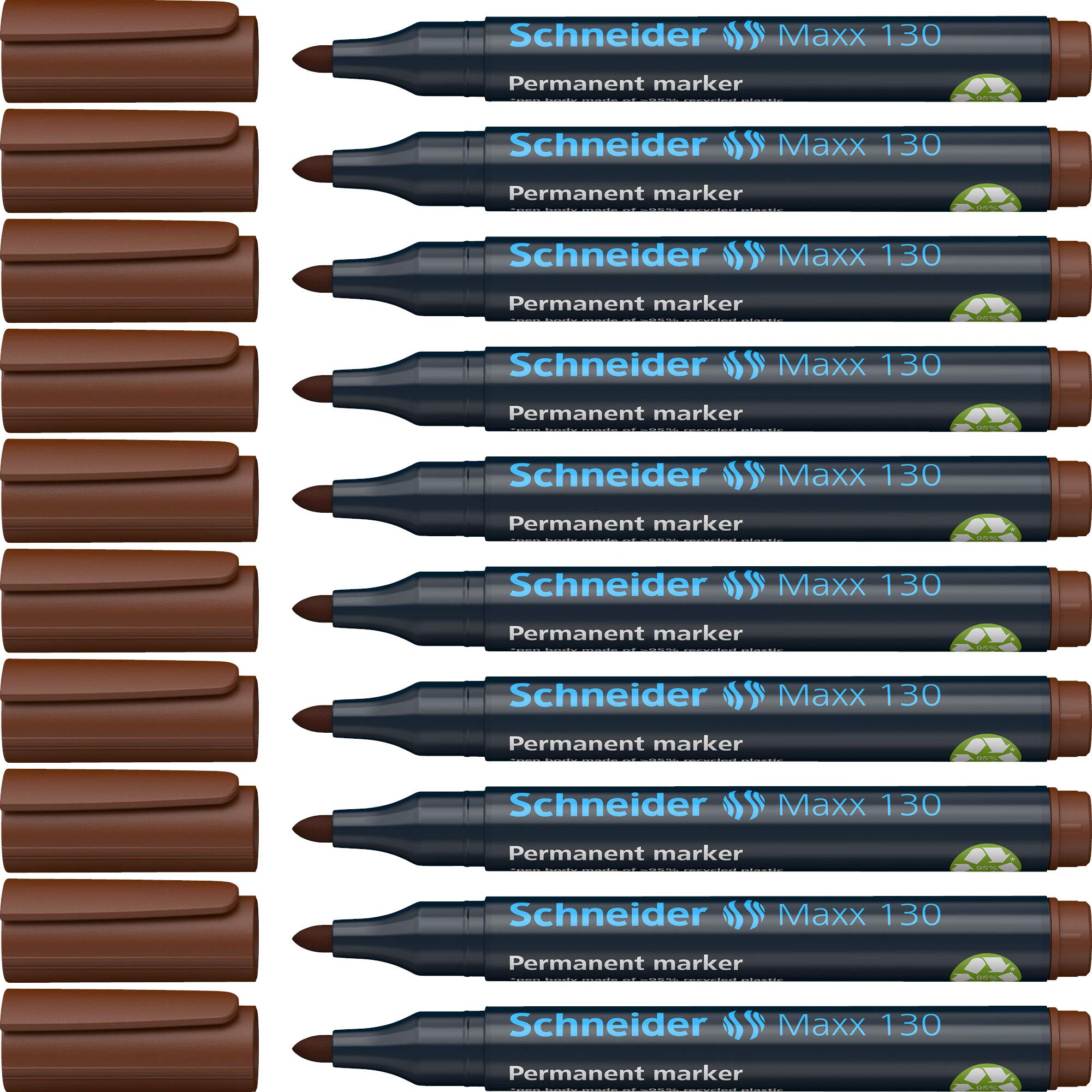 Schneider Maxx 130 Permanent Marker Pen 1 mm and 3 mm Cap-Off-Ink Refillable Pack of 10 Brown