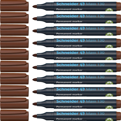 Schneider Maxx 130 Permanent Marker Pen 1 mm and 3 mm Cap-Off-Ink Refillable Pack of 10 Brown