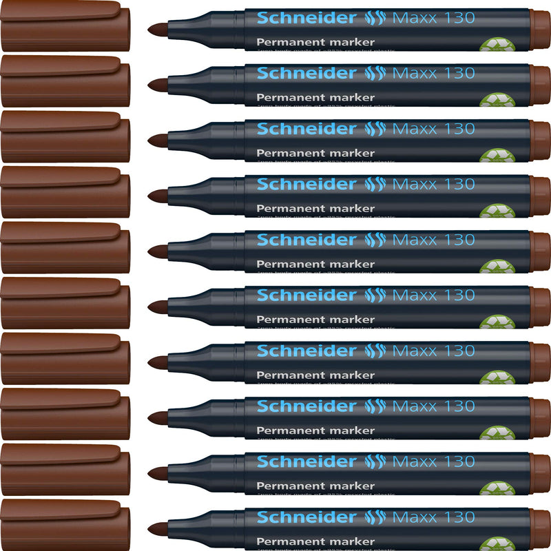 Schneider Maxx 130 Permanent Marker Pen 1 mm and 3 mm Cap-Off-Ink Refillable Pack of 10 Brown
