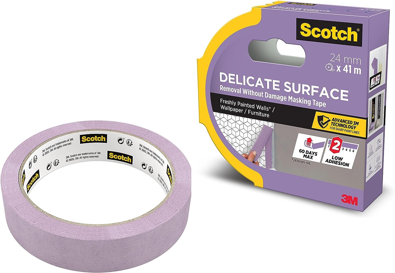 ScotchBlue Delicate Surface Advanced Masking Tape, 24 mm x 41 m, Super-sharp Paint Lines, For Delicate Painting and Decorating Indoor, Painters Tape For Wallpaper and Furniture