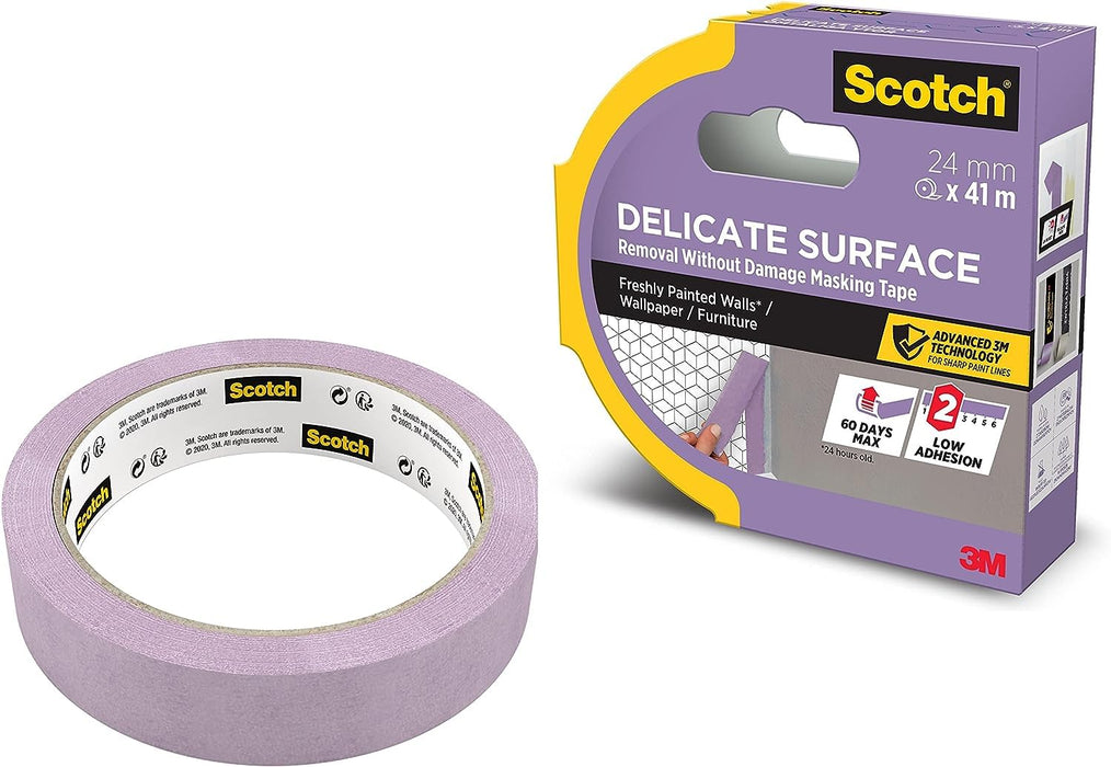 ScotchBlue Delicate Surface Advanced Masking Tape, 24 mm x 41 m, Super-sharp Paint Lines, For Delicate Painting and Decorating Indoor, Painters Tape For Wallpaper and Furniture
