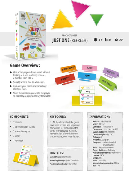 Asmodee | Just One (Refresh) | Family Party Card Game | Ages 8+ | 3-7 Players | 20 Minutes Playing Time
