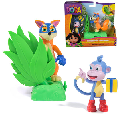 DORA Adventure Pack Monkey Boots and Fox Swiper, Mini Play Set with 2 Figures (approx. 9 cm) and an Accessory with Function, for Imaginative Play, for Children from 3 Years