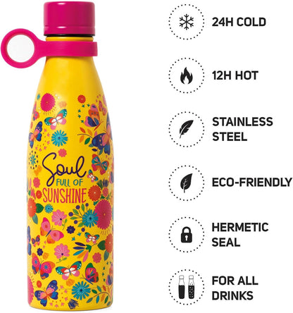 Legami - Hot&Cold Thermal Bottle 500 ml, Diameter 7 cm, Lightweight and Durable, Airtight Closure, Removable Silicone Handle, Butterfly Theme, Soul Full of Sunshine, BPA and Phthalate Free
