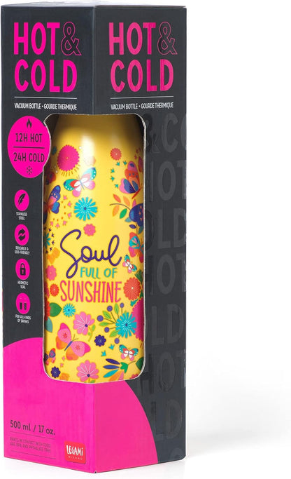 Legami - Hot&Cold Thermal Bottle 500 ml, Diameter 7 cm, Lightweight and Durable, Airtight Closure, Removable Silicone Handle, Butterfly Theme, Soul Full of Sunshine, BPA and Phthalate Free