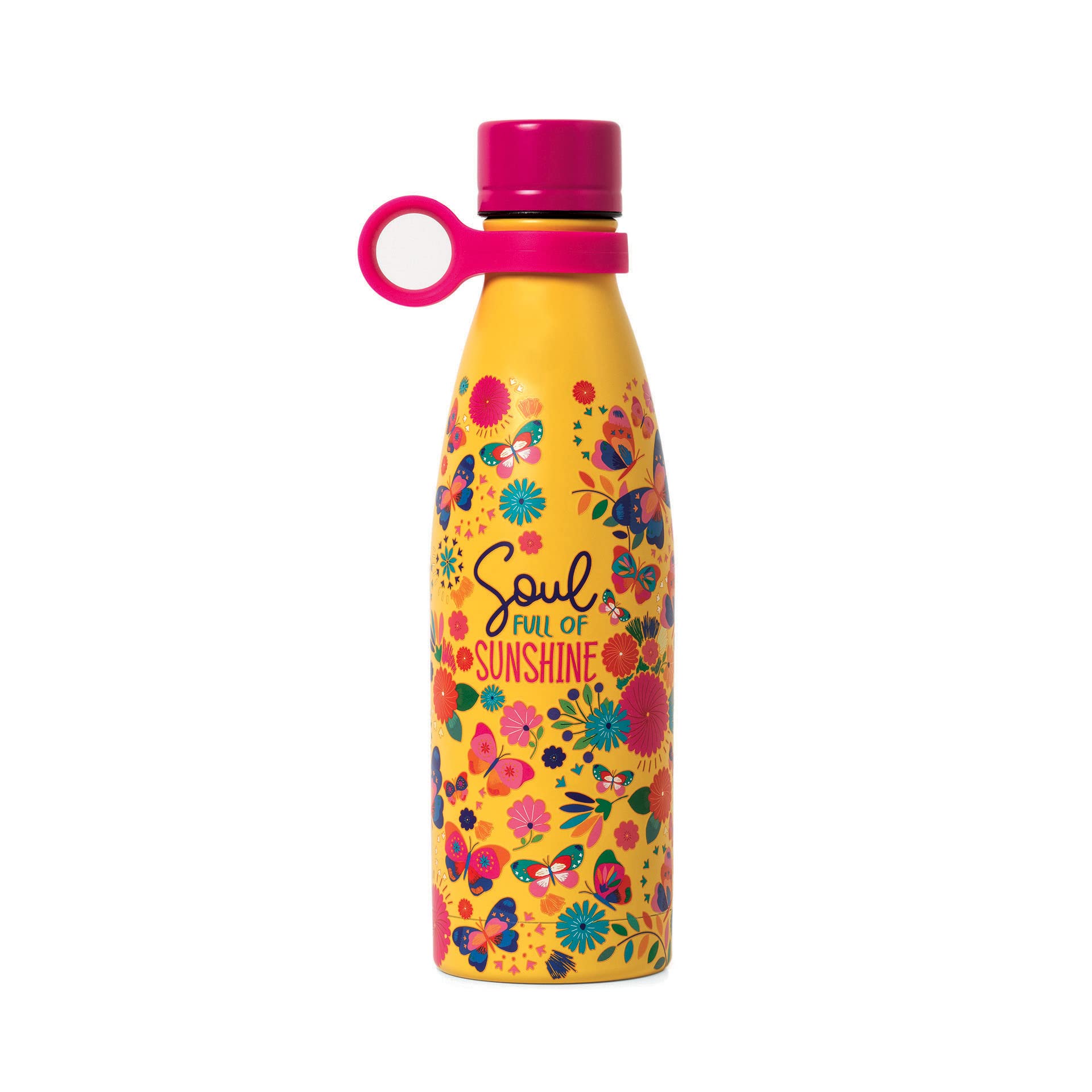 Legami - Hot&Cold Thermal Bottle 500 ml, Diameter 7 cm, Lightweight and Durable, Airtight Closure, Removable Silicone Handle, Butterfly Theme, Soul Full of Sunshine, BPA and Phthalate Free