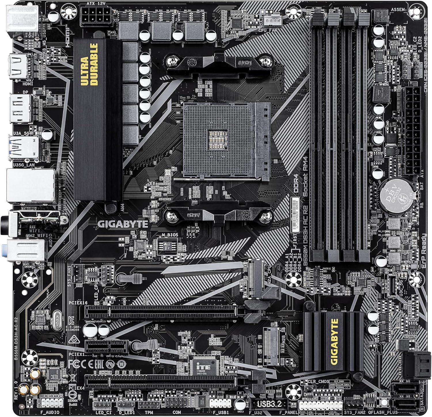 Gigabyte B550M DS3H AC R2 Motherboard - AMD Ryzen 5000 CPUs, 5+3 Phases VRM, up to 4733MHz DDR4 (O.C.), 1xPCIe 4.0 + 1xPCIe 3.0 M.2, Wi-Fi 5, 1GbE LAN, USB 3.2 Gen 1