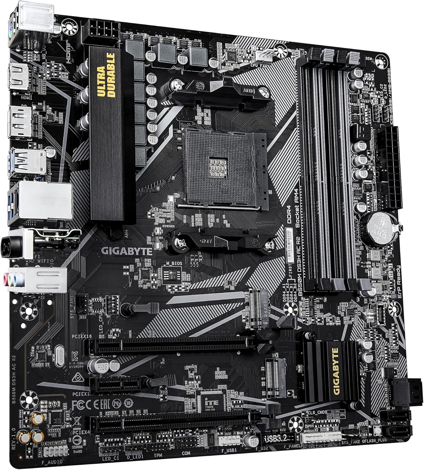 Gigabyte B550M DS3H AC R2 Motherboard - AMD Ryzen 5000 CPUs, 5+3 Phases VRM, up to 4733MHz DDR4 (O.C.), 1xPCIe 4.0 + 1xPCIe 3.0 M.2, Wi-Fi 5, 1GbE LAN, USB 3.2 Gen 1