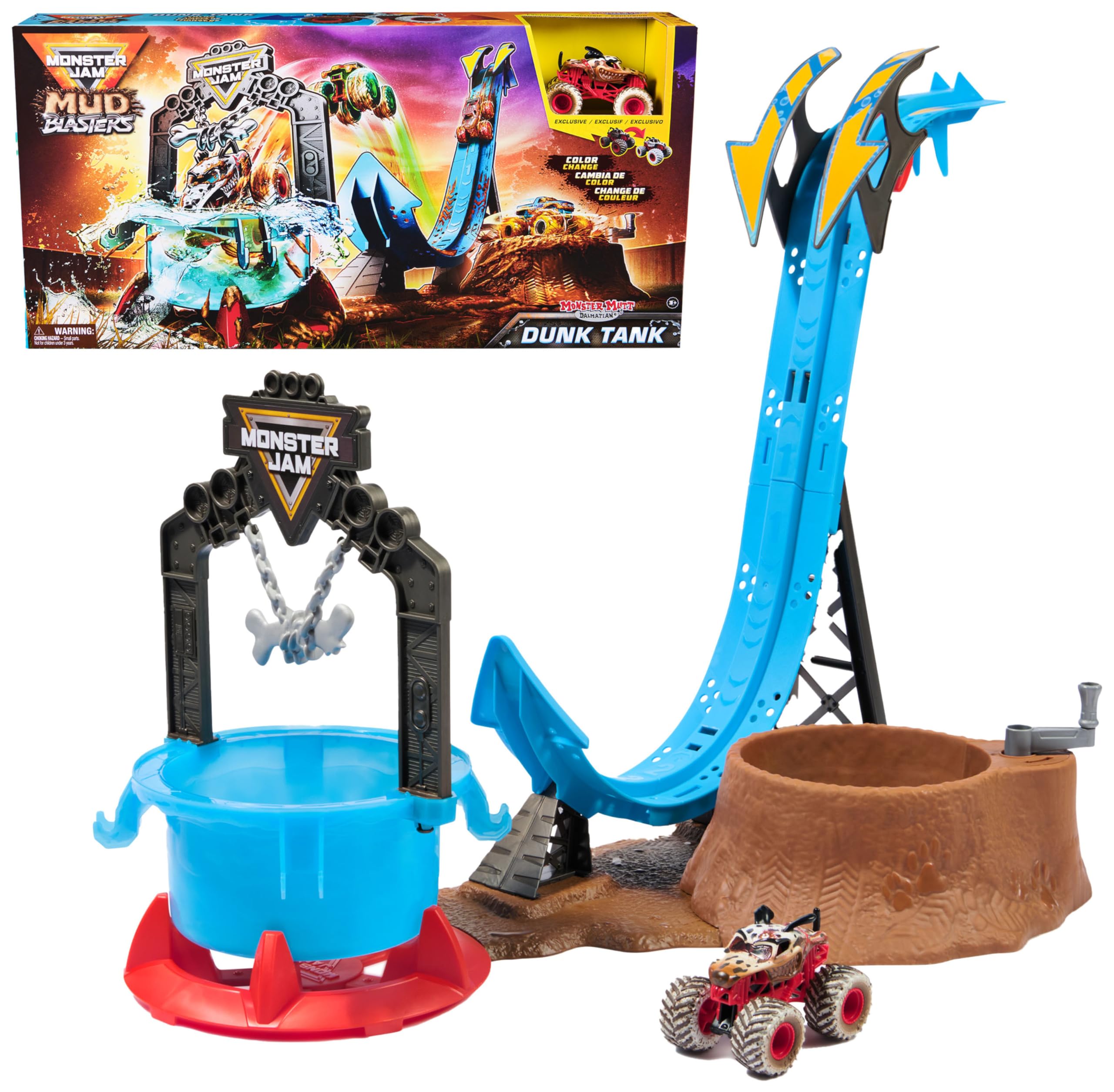 Monster Jam Mud Blasters, Monster Mutt Dalmatian Dunk Tank Playset, Colour Change Action, Kids’ Toy Gifts for Boys and Girls Aged 3 and Up
