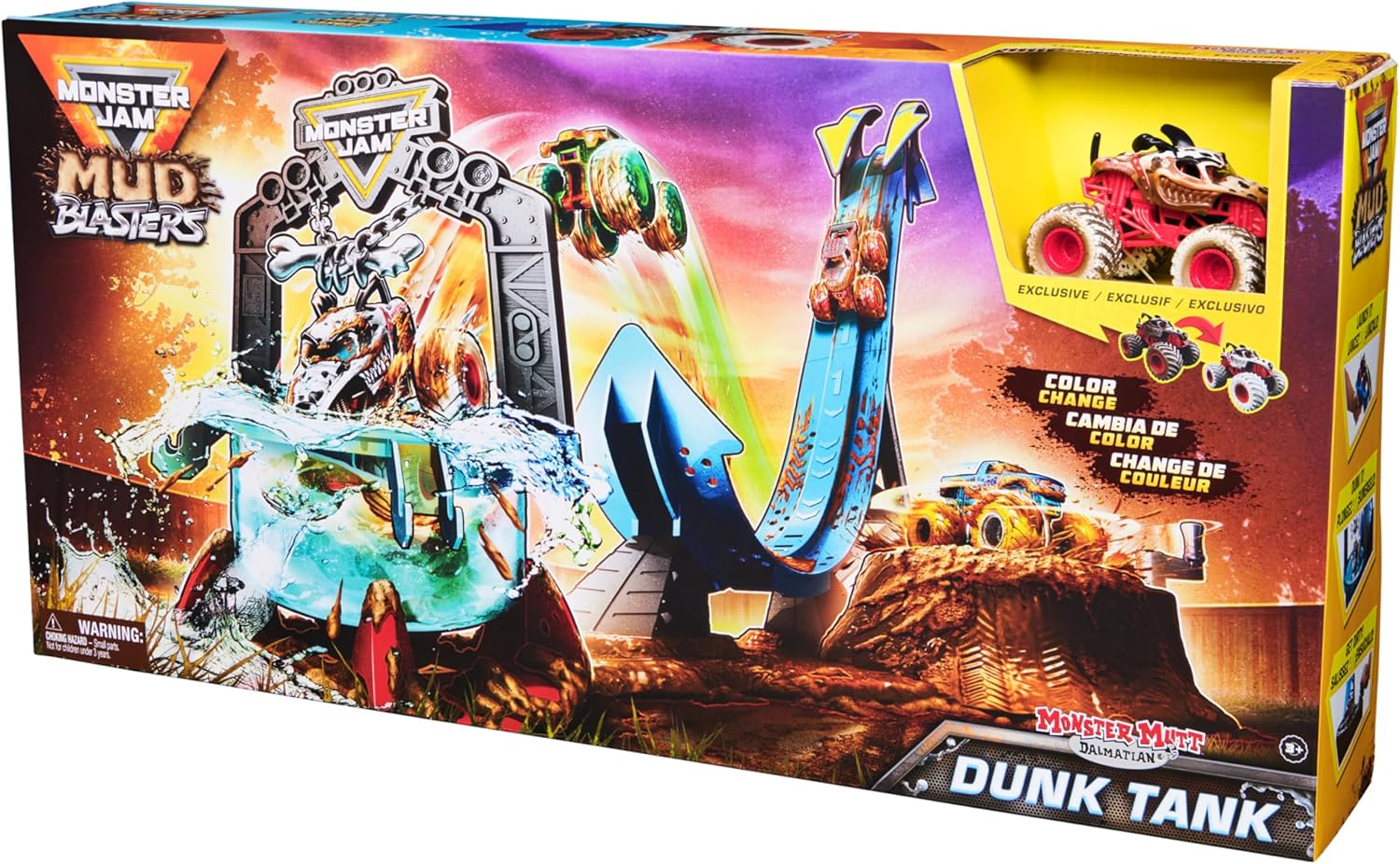 Monster Jam Mud Blasters, Monster Mutt Dalmatian Dunk Tank Playset, Colour Change Action, Kids’ Toy Gifts for Boys and Girls Aged 3 and Up