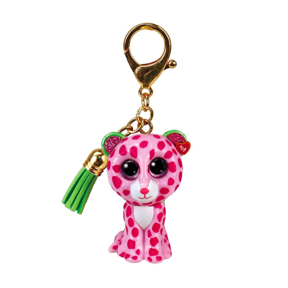 Ty - Sleutelring Mini Boos Clips - Luipaard - Glamour - Roze en Groen - Met Groene Kwastje - De modieuze sleutelhanger geïnspireerd op de beroemde pluche dieren met grote glitterogen - 10 cm - 25053