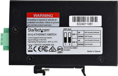 StarTech.com 5-Port Unmanaged Industrial Network Switch, 100/1000 Ethernet, DIN Rail/Wall-Mount, IP30, -40-167F, 9~60VDC, TAA