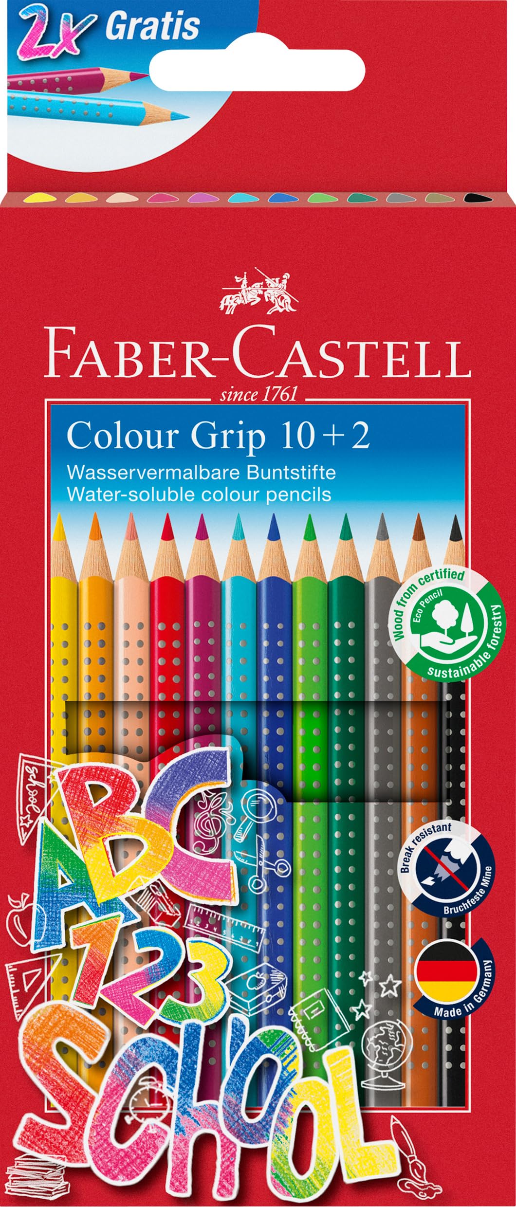 Faber-Castell 201585 - Kleurpotlodenset, 12 stuks, wateroplosbaar, breukvast, voor kinderen en volwassenen