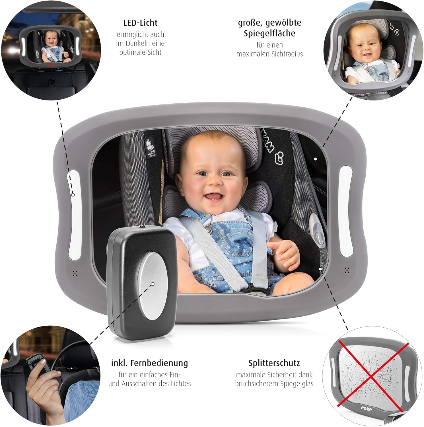 reer 86101 BabyView LED auto-veiligheidsspiegel - uw baby op de achterbank altijd in het oog, grijs