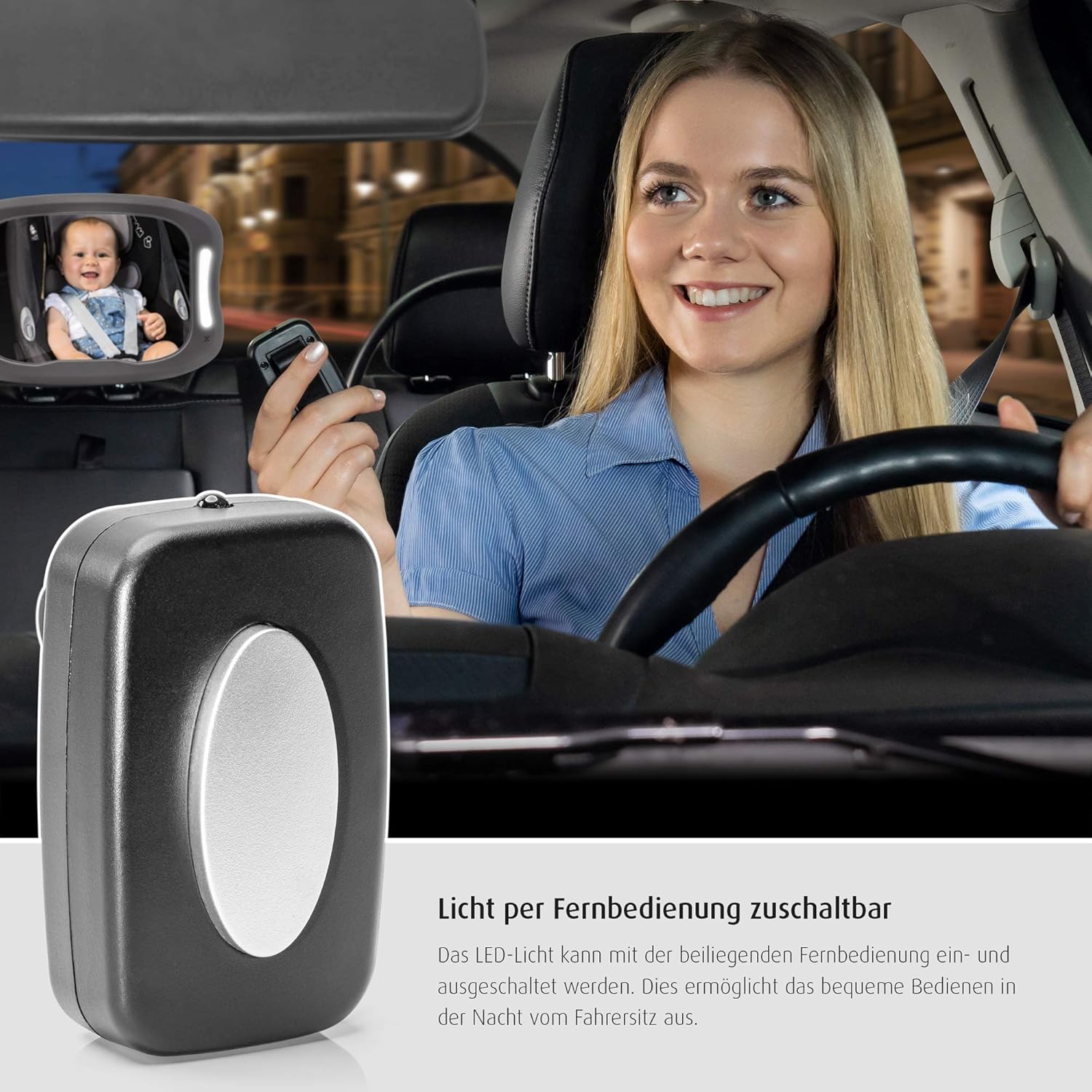 reer 86101 BabyView LED auto-veiligheidsspiegel - uw baby op de achterbank altijd in het oog, grijs