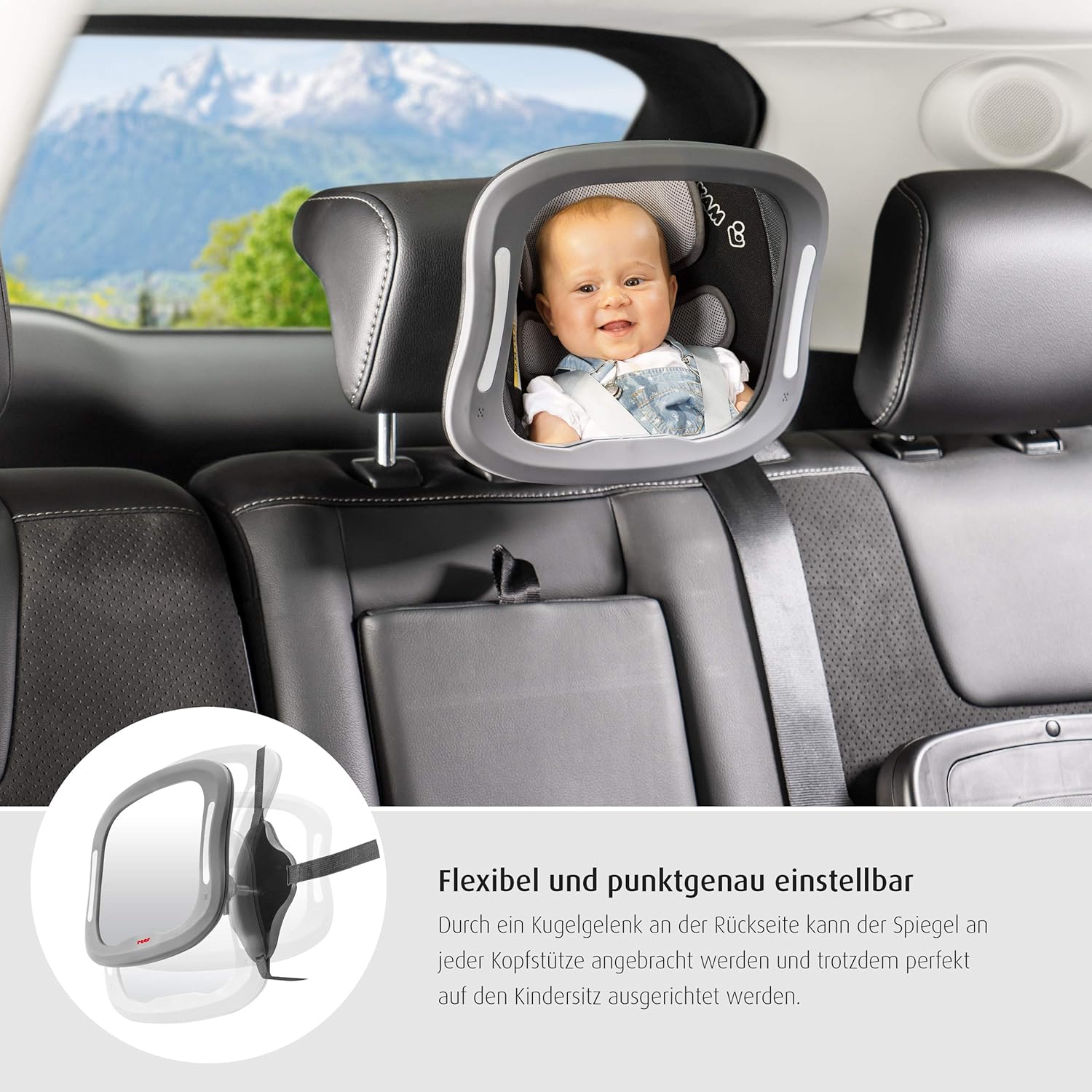 reer 86101 BabyView LED auto-veiligheidsspiegel - uw baby op de achterbank altijd in het oog, grijs
