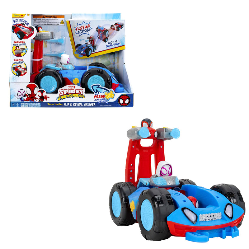 MARVEL Spidey and His Amazing Friends Team Spidey Flip and Reveal Cruiser - 11-Inch Double-Sided Vehicle with Lights, Sounds, and Web Blast Launchers