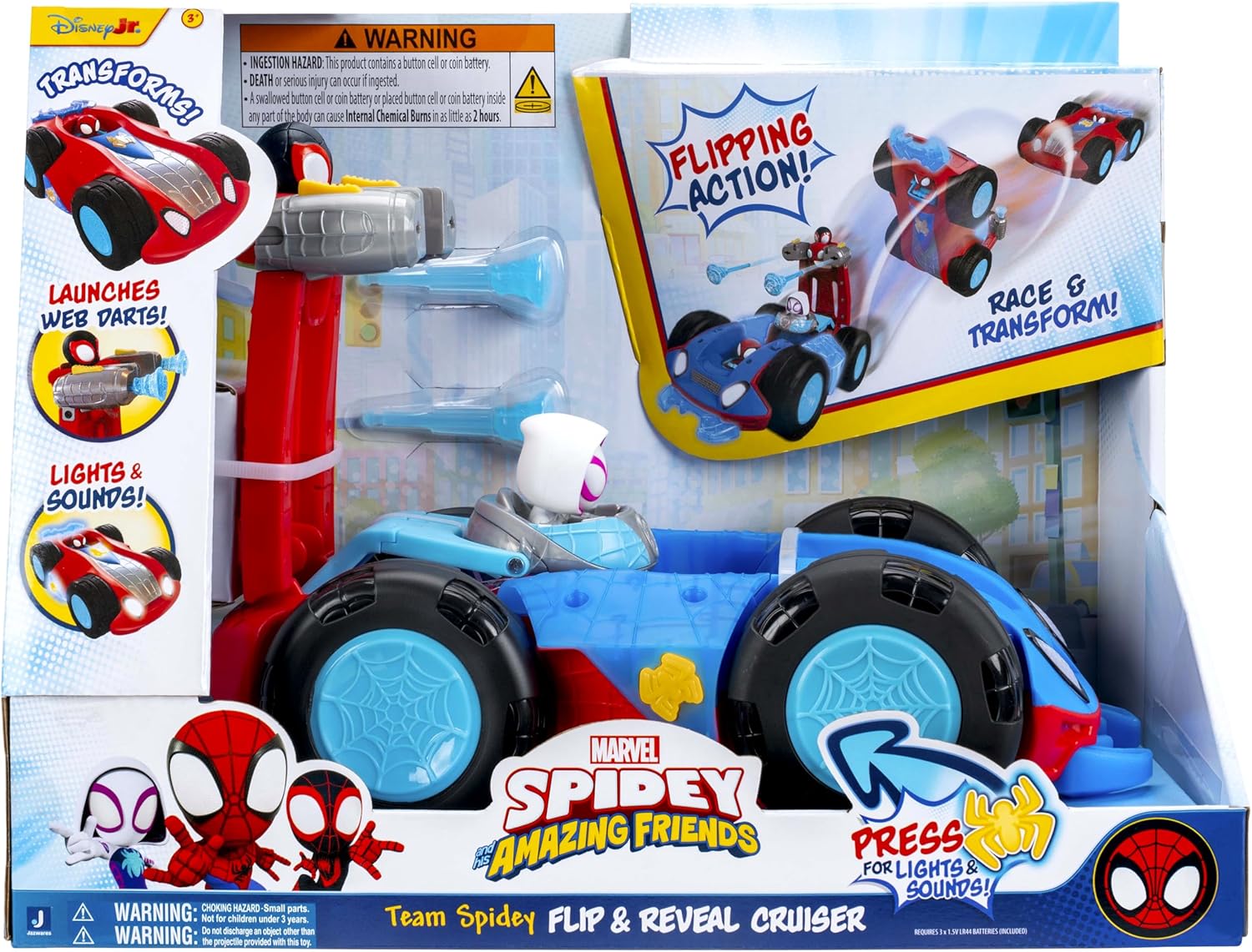MARVEL Spidey and His Amazing Friends Team Spidey Flip and Reveal Cruiser - 11-Inch Double-Sided Vehicle with Lights, Sounds, and Web Blast Launchers