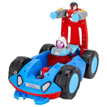 MARVEL Spidey and His Amazing Friends Team Spidey Flip and Reveal Cruiser - 11-Inch Double-Sided Vehicle with Lights, Sounds, and Web Blast Launchers