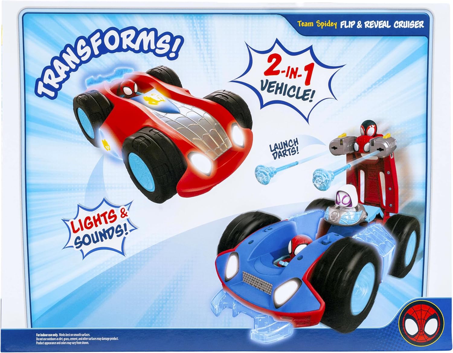 MARVEL Spidey and His Amazing Friends Team Spidey Flip and Reveal Cruiser - 11-Inch Double-Sided Vehicle with Lights, Sounds, and Web Blast Launchers