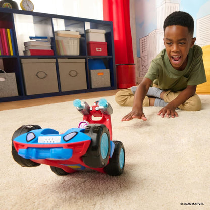 MARVEL Spidey and His Amazing Friends Team Spidey Flip and Reveal Cruiser - 11-Inch Double-Sided Vehicle with Lights, Sounds, and Web Blast Launchers