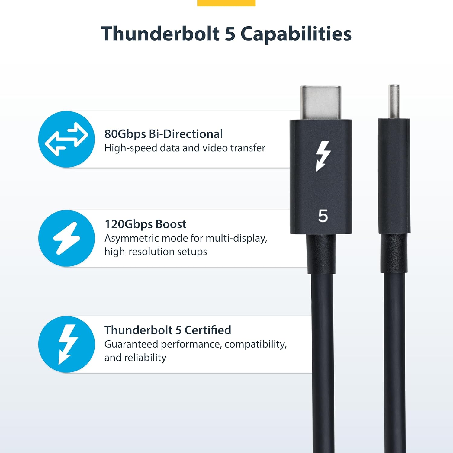 StarTech.com Cable Thunderbolt 5 Certificado de 80cm - 80/120Gbps - PD de 240W - 8K 60Hz - Compatible con TB4/USB-C