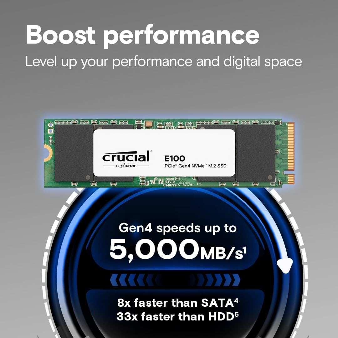 Crucial E100 2TB M.2 NVMe PCIe Gen4 Internal SSD, Up to 5,000MB/s, Laptop & Desktop Compatible - CT2000E100SSD8