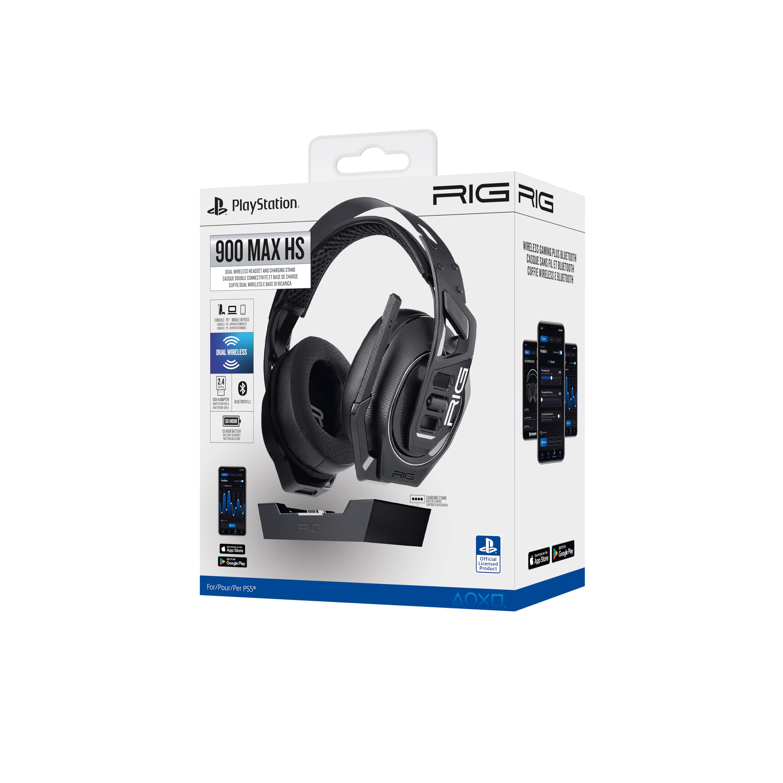 Gaming-headset en Bluetooth-basisstation, 2,4 GHz verbinding, 60 uur, officiële Playstation 5, compatibel met pc RIG900
