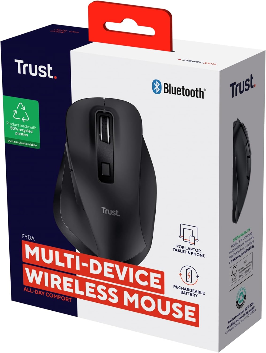 Trust Fyda Wireless Mouse Bluetooth + 2.4GHz, Ergonomic Thumb Rest, 50% Recycled Materials, 800-2400 DPI, Rechargeable Battery, Multidevice Bluetooth Mouse for Laptop PC iOS Mac Android, Black