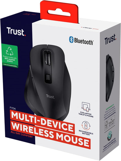Trust Fyda Wireless Mouse Bluetooth + 2.4GHz, Ergonomic Thumb Rest, 50% Recycled Materials, 800-2400 DPI, Rechargeable Battery, Multidevice Bluetooth Mouse for Laptop PC iOS Mac Android, Black
