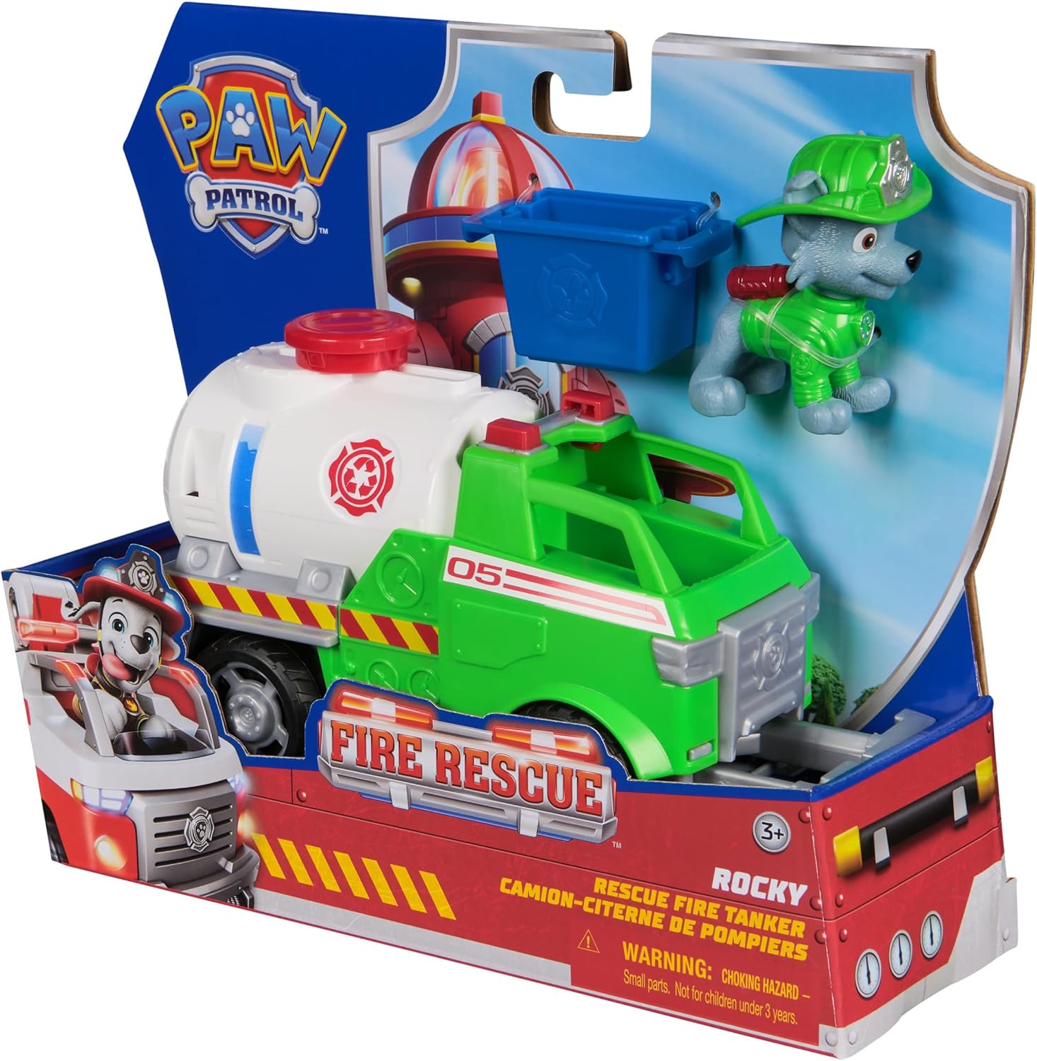 Paw Patrol Fire Rescue: Rocky Rescue Fire Tanker with Action Figure, Grab Claw and Toy Truck, Kids Toys for Boys and Girls Ages 3 and Up