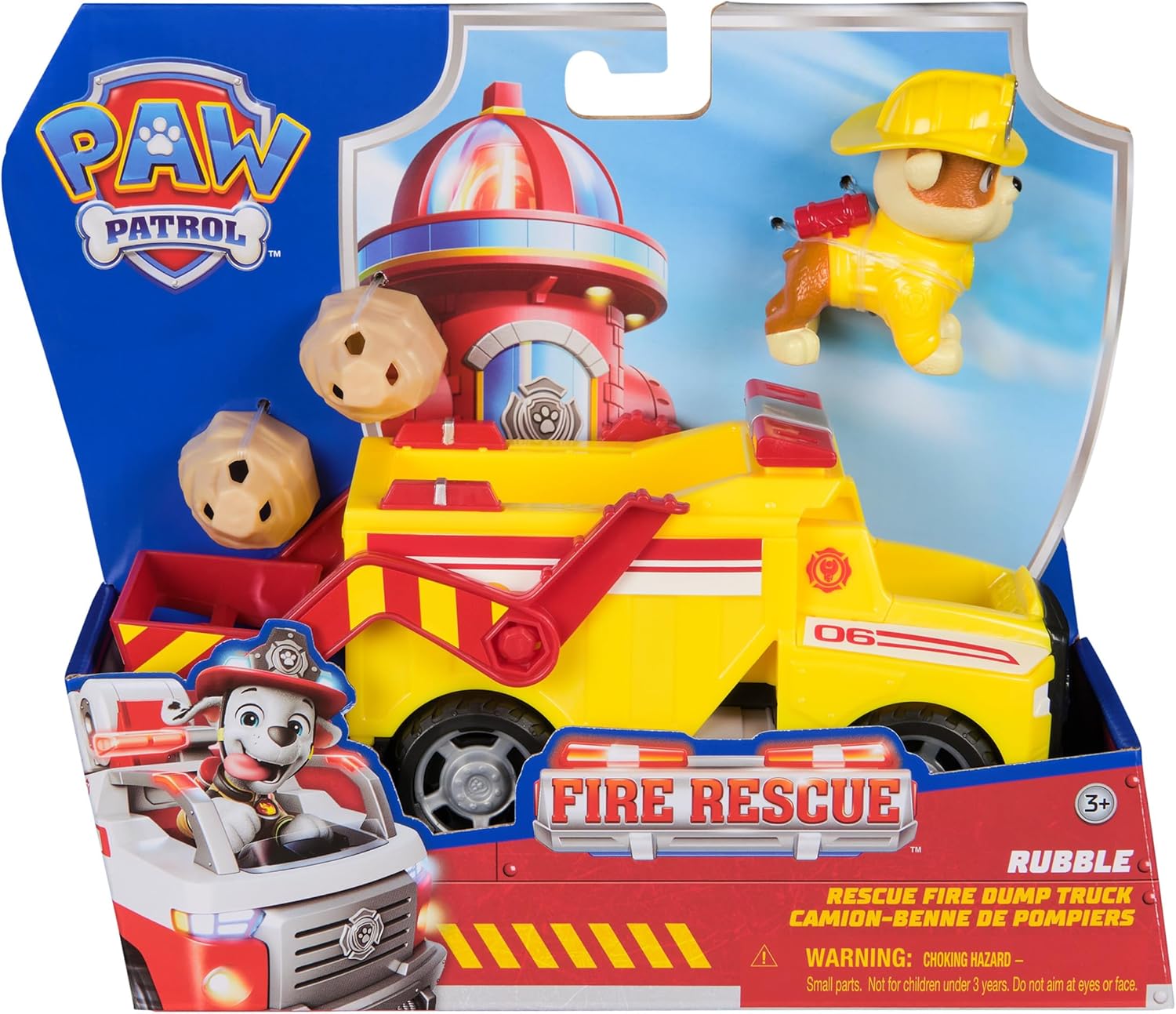Paw Patrol Fire Rescue: Rubble Rescue Fire Dump Truck with Action Figure, Projectiles, and Toy Truck, Kids Toys for Boys and Girls Ages 3 and Up