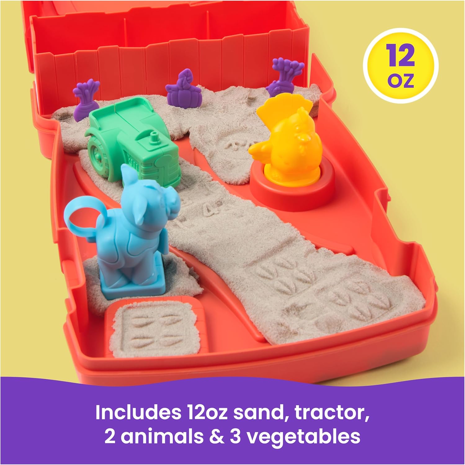 Kinetic Sand, Sandy Farm Set with 340g Play Sand, 6 Tools and Moulds, Reusable Barn Storage Case, Toddler Toys, Kids’ Toys for Girls and Boys Aged 3 and up