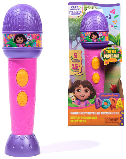 DORA, Rainforest Rhythms Microphone with Music, Sound Fx and Bilingual Phrases, Kids Toys for Girls and Boys Ages 3 and Up